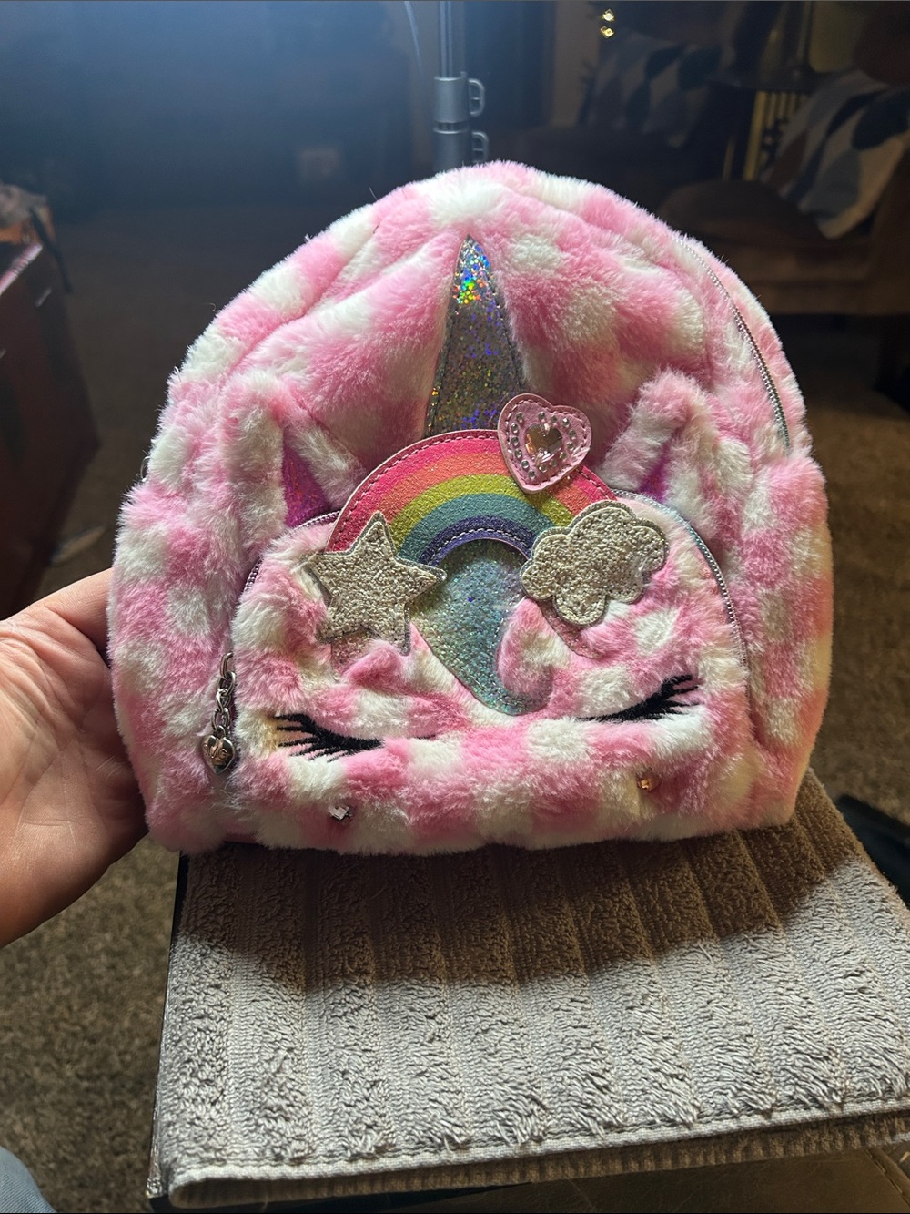 Pink Plush Unicorn Kids Backpack with Rainbow Appliqué